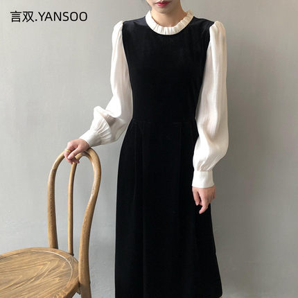 言双圆领拼接撞色连衣裙女2024秋冬新款法式复古赫本风裙子YANSOO
