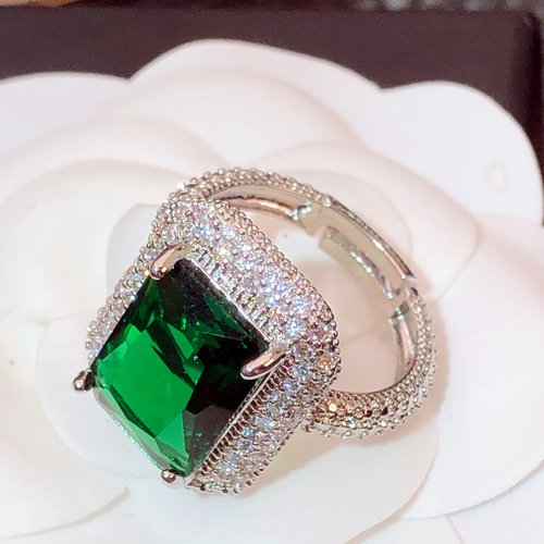 轻奢复古高级深绿色方块围镶满钻圆珠微镶百搭时尚个性精致食指戒