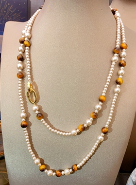 法式中古复古风多层叠戴双层虎眼石珍珠项链长款毛衣颈链配饰女