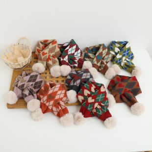 韩版复古菱形格儿童交叉毛线围脖秋冬大球球宝宝保暖套口针织围巾