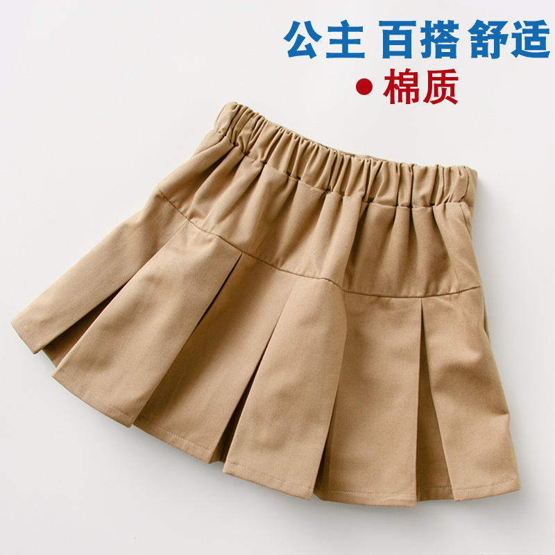 女童短裙半身裙春装新款学院风洋气百褶公主裙学生卡其色校服