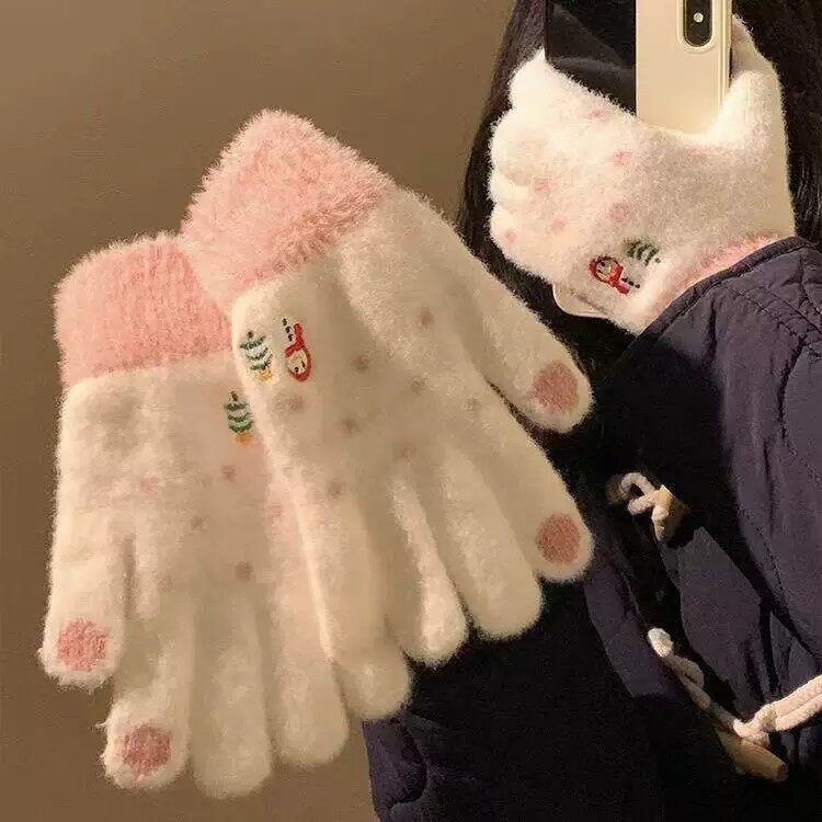 可爱雪人圣诞毛绒五指手套女2026年冬季毛茸茸保暖防寒骑行可触屏