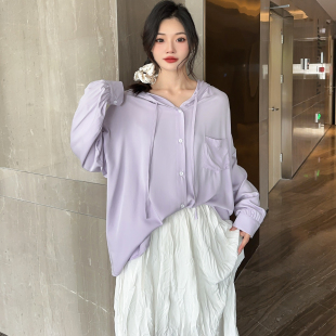 高級感人造棉連帽防曬襯衫 棉綢外穿上衣 顯瘦休閑長袖 女寬松大碼