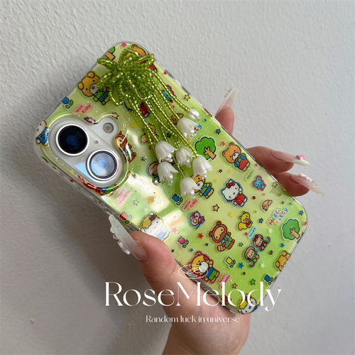 细闪多巴胺绿色古早感卡通猫咪手机壳imd双层适用iPhone16promax苹果15pro可爱14铃兰花流苏13promax防摔小众