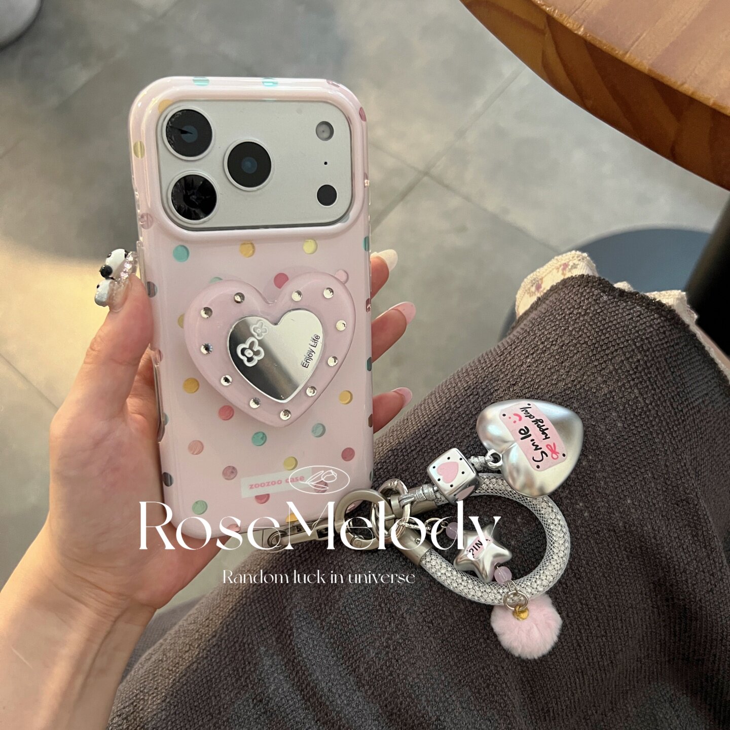 ins夏日彩色波点锡纸纹用17pro苹果16ProMax手机壳iPhone17水钻粉爱心镜子支架13防摔14Promax保护套15pro女