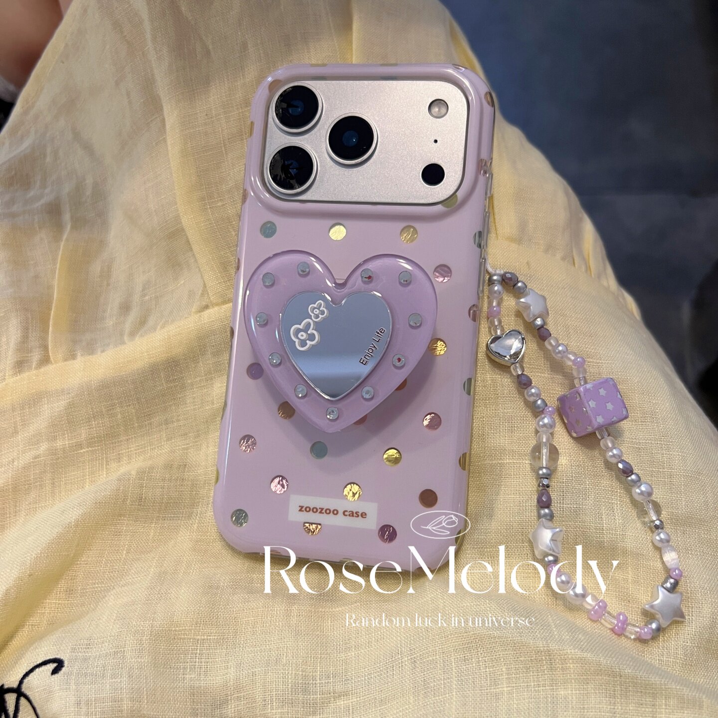 韩系ins小众设计彩色波点羽纱适用16pro苹果17ProMax手机壳iPhone17水钻紫色爱心镜子支架15Promax双层14pro