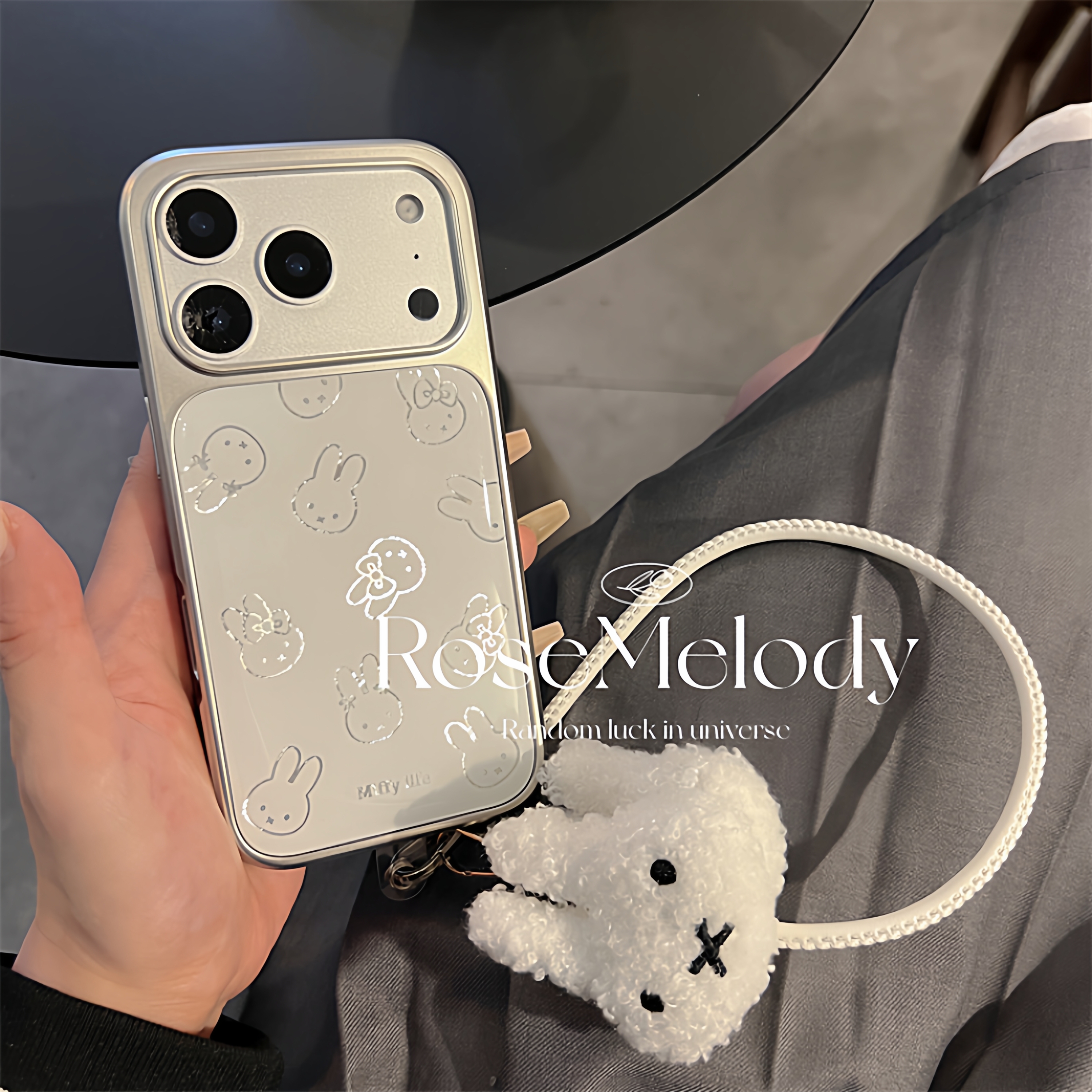 可爱卡通镭射米菲兔适用17pro苹果16ProMax手机壳iPhone16全包13防摔14Promax电镀保护套皮质手提绳15pro少女