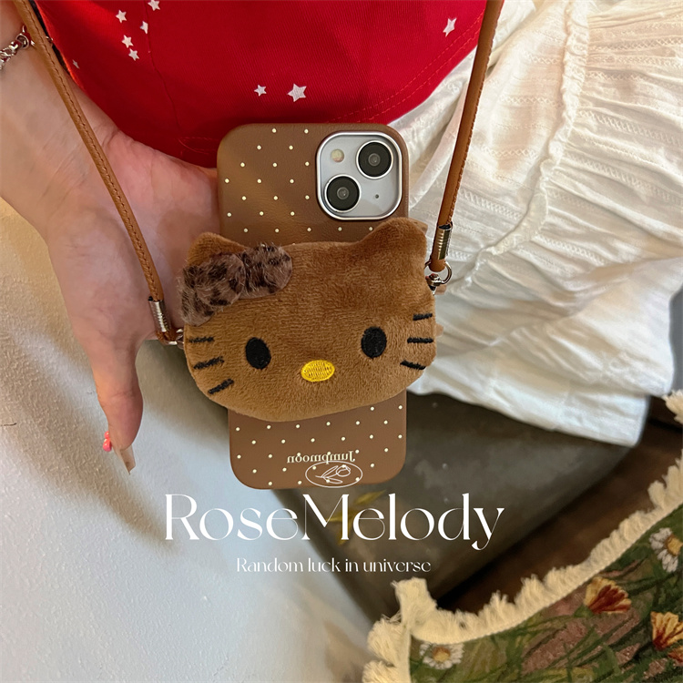 适用华为pura70pro手机壳pura70秋冬美拉德可爱黑皮凯蒂kt猫毛绒公仔背夹mate60pro棕色波点皮纹mate60斜挎壳