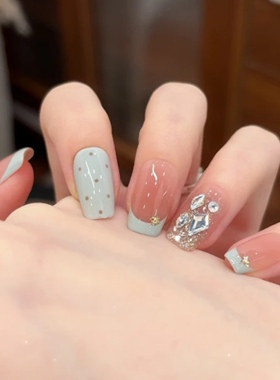 手工穿戴甲海盐半糖薄荷奶蓝波点法式碎钻穿戴甲百搭学生党夏日