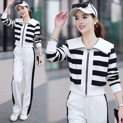 秋季时尚运动宽松短款两件套条纹
