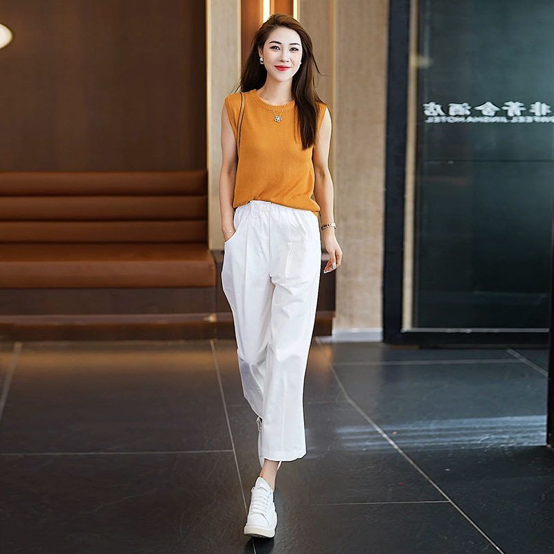 两件套松紧新款时尚减龄女套装阔腿裤洋气夏季针织衫九分显瘦2024