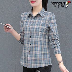 啄木鸟纯棉格子衬衫女长袖春秋新款时尚衬衣洋气中年妈妈外穿上衣