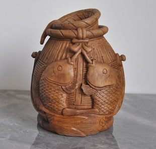 古风摆件【竹根雕鱼篓】纯手工雕刻复古风格中式装饰摆设乔迁礼物