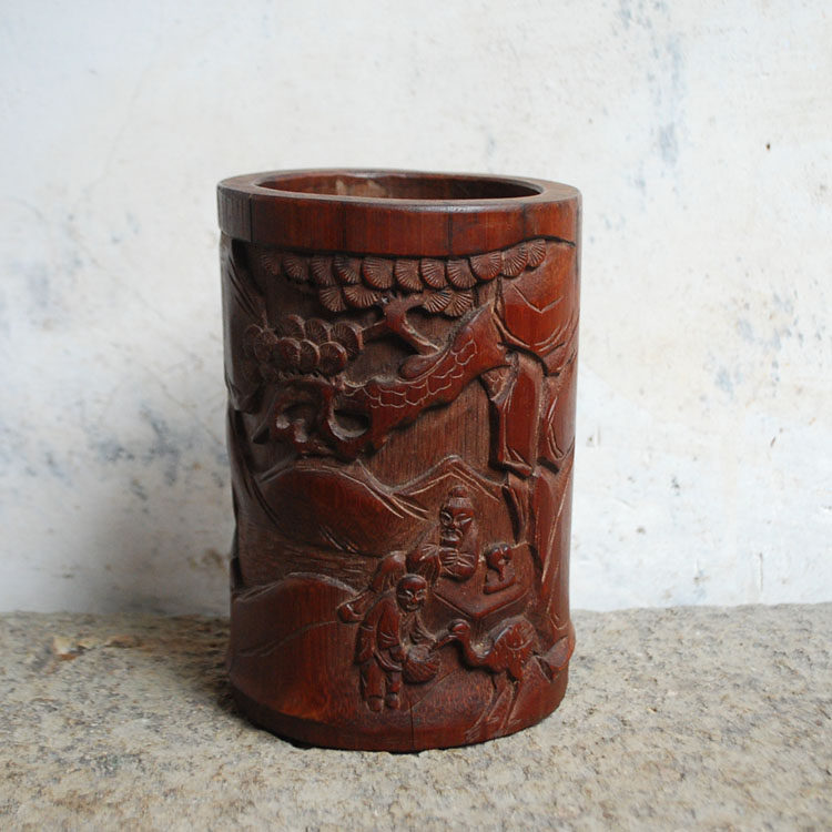 旧品竹雕笔筒【松林雅士】上世纪手手工作品 复古怀旧中式摆件