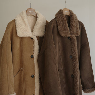 TOPUNA羊羔毛复合皮毛一体中长款大衣女翻领加厚保暖外套两面可穿