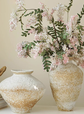 侘寂风粗陶罐中古风陶瓷花瓶中式复古家居摆件客厅仿真花装饰