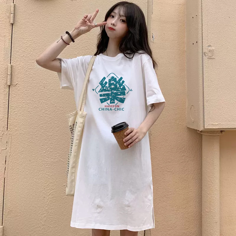 白色t恤女2023新款夏季宽松短袖纯棉中长款连衣裙设计感开叉长t裙