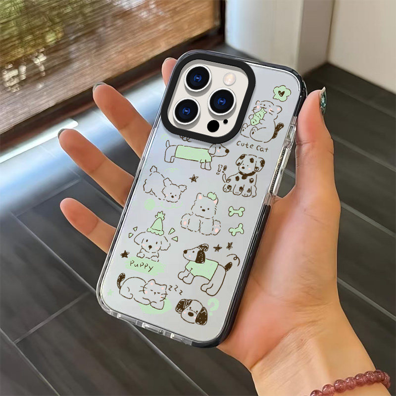 淡青色线条小猫小狗适用iPhone17promax手机壳苹果16plus卡通可爱风15pro/14pro透明图案13/12防摔11保护套