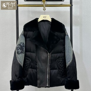 海宁欧洲站机车款 重工刺绣牛仔拼接鹅绒服皮草外套女 皮毛一体新款