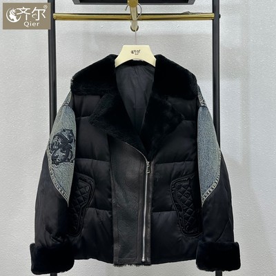 海宁欧洲站机车款皮毛一体新款重工刺绣牛仔拼接鹅绒服皮草外套女