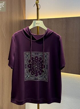 2026夏季新款休闲连帽烫钻短袖T恤女韩版休闲百搭短袖上衣空气棉
