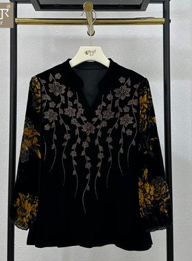 真丝绒上衣烫钻女装气质高端大码秋季中年妈妈打底衫2025新款套装