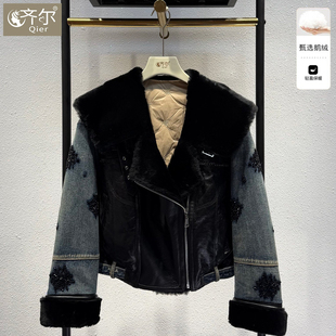 海宁新款真皮毛一体牛仔白鹅绒服女短款显瘦重工钉珠大牌羽绒服潮