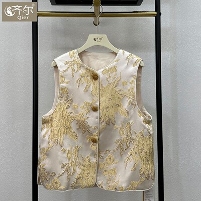 重工马甲新中式提花缎面国风背心外套女秋季新款坎肩无袖上衣短款