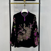 中老年女上衣新款 小衫 秋季 2025高贵旗袍领烫钻T恤真丝绒妈妈大码