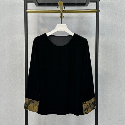 新中式黑色丝绒T恤女春季2025年新款撞色提花马甲国风打底衫上衣