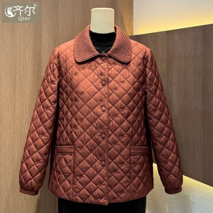 品牌2026秋冬新款妈妈装菱格纹棉服女中老年翻领轻薄棉衣外套宽松