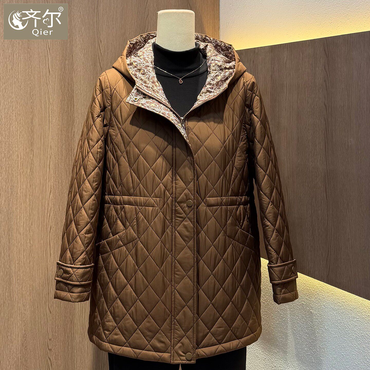 品牌秋冬新款中年女士棉袄大码收腰显瘦菱格中长款连帽棉服外套