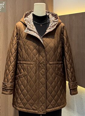 品牌秋冬新款中年女士棉袄大码收腰显瘦菱格中长款连帽棉服外套
