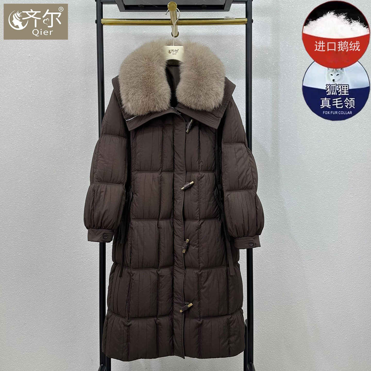 海宁皮草2025冬装新款狐狸毛领韩版宽松白鹅绒羽绒服女中长款外套