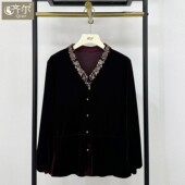 大码 欧洲站2025秋季 妈妈T恤 V领刺绣真丝绒衬衫 上衣女装 新款 时尚