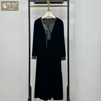 复古中国风妈妈装丝绒连衣裙女春秋新款气质百搭中老年人拼接裙子