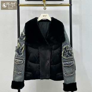 海宁重工刺绣牛仔皮毛一体皮草鹅绒服女短款时尚羽绒服外套西服领