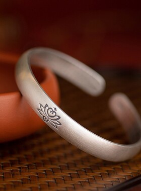 莲花古风合金镀银手镯实心开口镯子刻字藏银手镯心经仿古手镯女