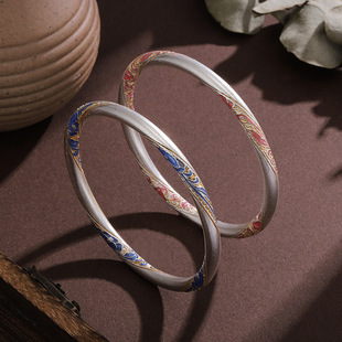 白铜镀银手镯兰袂珐琅彩描金莲花手镯古风新款镀银镯子时尚百