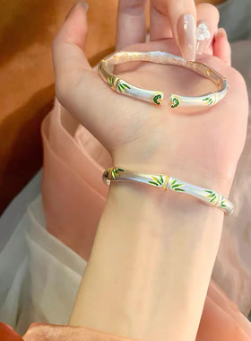 铜镀银手镯新中式描金实心珐琅彩吉言节节高手工开口手镯百搭手镯