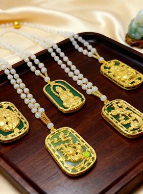 合金镀金镶玉吊坠观音佛龙凤弥勒佛金镶玉项链国潮中式长款项链