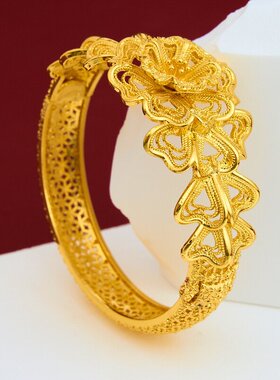 合金镀金婚庆金镯子镂空手镯卡扣镯子手镯新娘结婚首饰雕花金手镯
