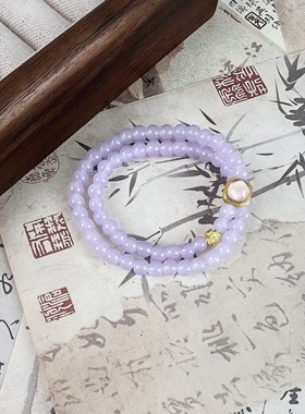 女生双圈手链古风烟紫小方糖手串清冷显白双层手链学生玻璃手链