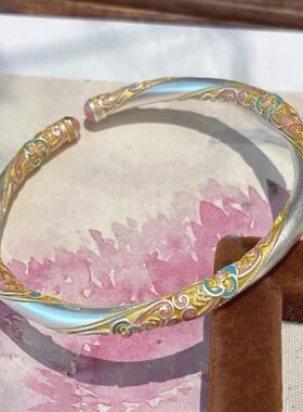 铜镀银手镯「四叶花祥云」国风中式珐琅彩开口古风手镯女轻奢风