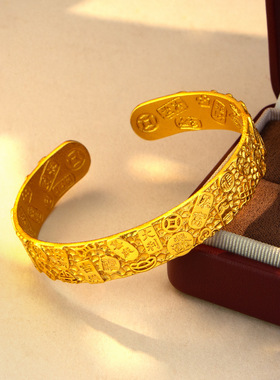婚庆喜庆金镯子合金镀金中式手镯锤纹吉言手镯实心宽面开口手镯子