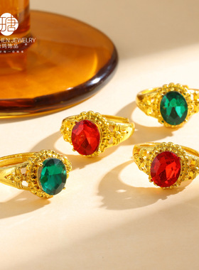 合金镀金戒指金镶水钻镀金祖母绿戒指女款民族风创意时尚戒指饰