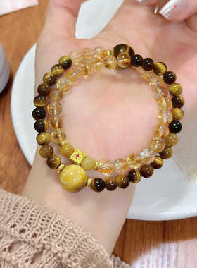 天然水晶手链圆黄塔晶珠手串天然虎眼水晶手串双圈手链女中式手串