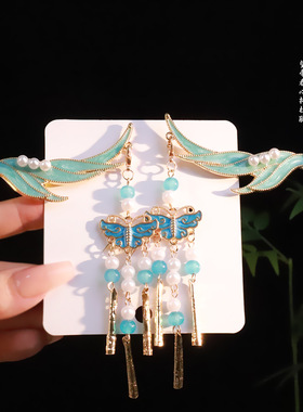 古风头饰绘彩蝴蝶流苏发夹女新款高级感后脑勺横夹半扎发鸭嘴对夹