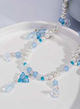 长款古风流苏项链国风新中式汉服项链湖蓝色古装配饰流苏珍珠软璎