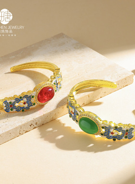合金镀金手镯绿玛瑙手镯玛瑙红色玉髓合成石镯子珐琅彩手镯女跨境
